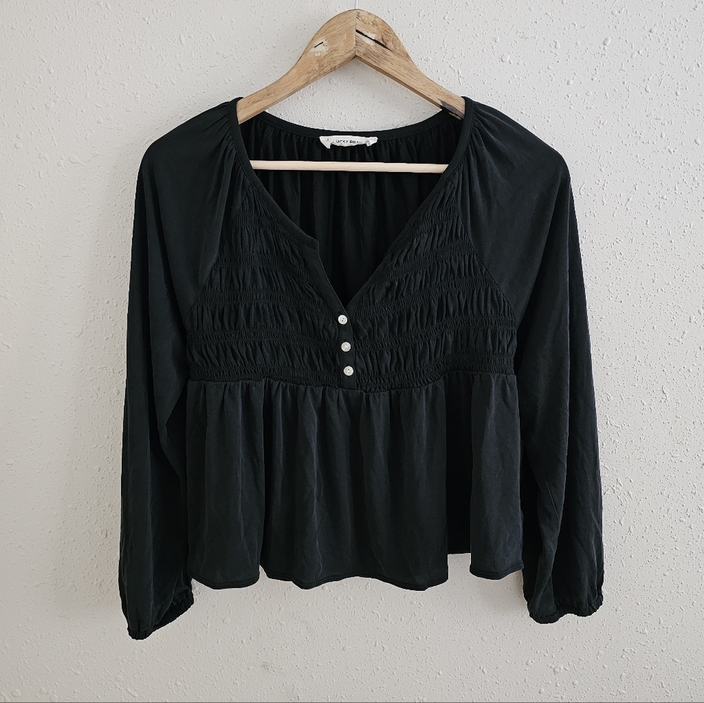 Lucky Brand Black Smocked Cropped Blouse